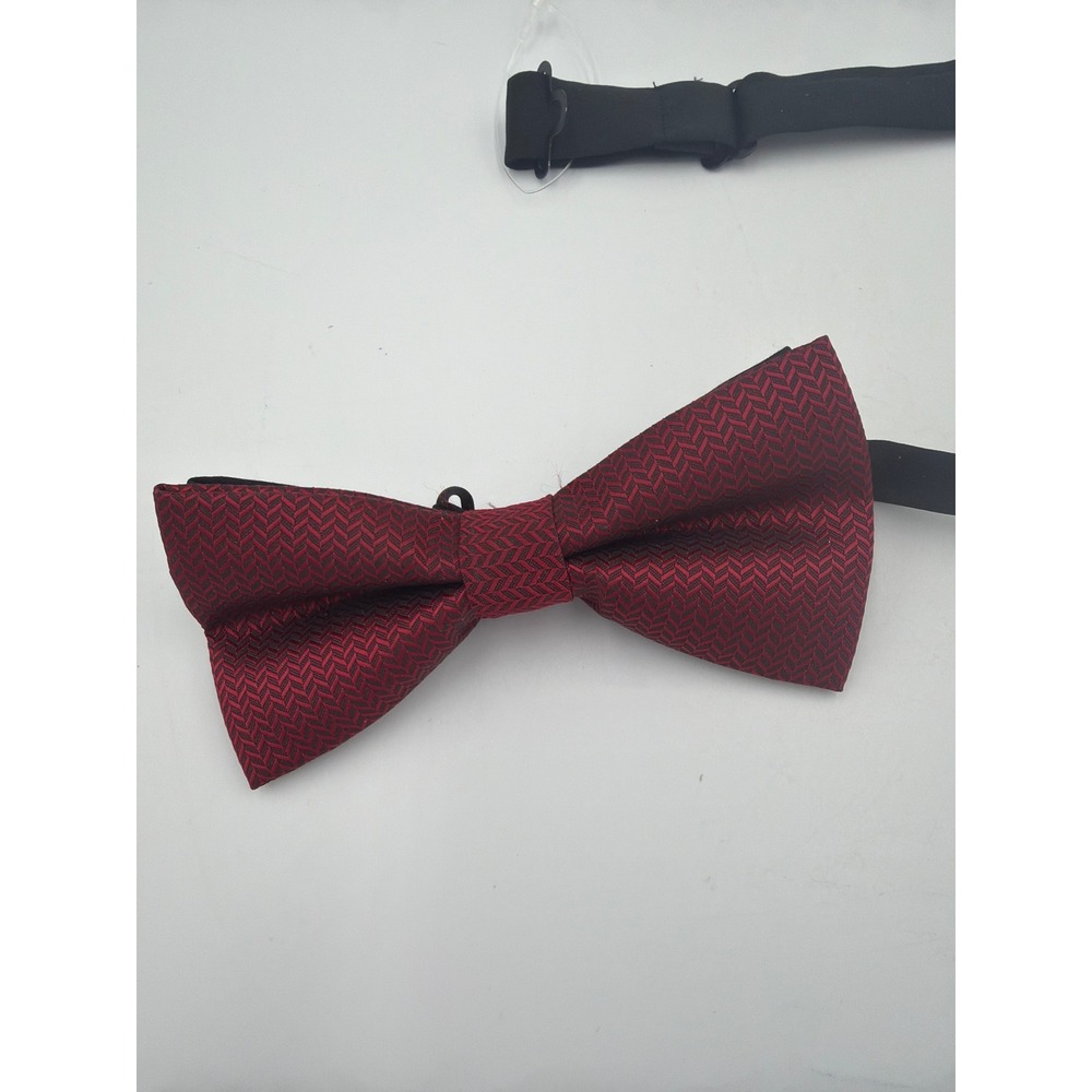 Burgundy Herringbone Pre-Tied Bow Tie Mens Adjustable Formal Neckwear Dark Red - Picture 2 of 3